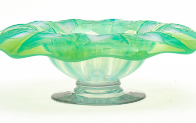 LIBBEY OPALESCENT OVERLAID WITH GREEN AND LAVENDER CENTER BOWL C 1933 H 7.5" DIA 13"