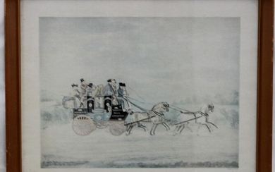 LOVELY COLORED PRINT OF HORSE CARRIAGE MARKED