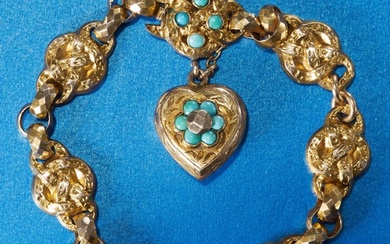 LOVELY VICTORIAN GOLD BRACELET WITH TURQUOISE HEART CHARM, T...