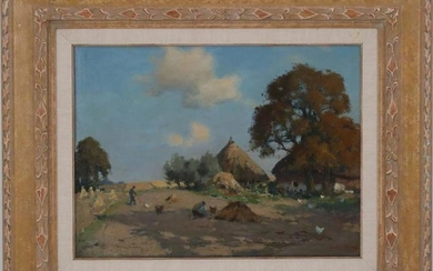 Landscape with workers in the field at farm with