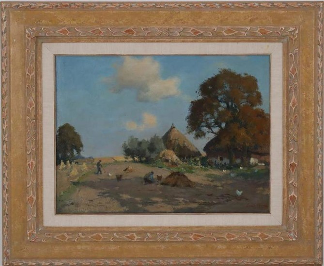 Landscape with workers in the field at farm with