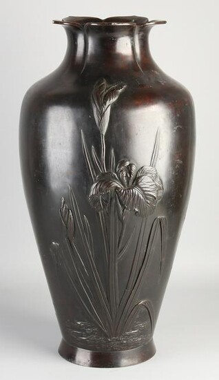 Large antique Japanese bronze vase with aquatic plants