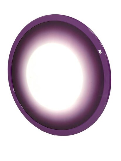 Large contemporary circular wall mirror, the purple frame enclosing...
