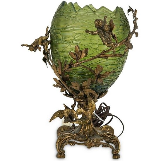Loetz Green Glass Mounted Bronze Table Lamp