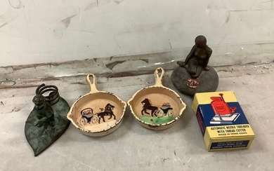 Lot of bronze nude(2.25in.tall), cast iron frying pans, and more