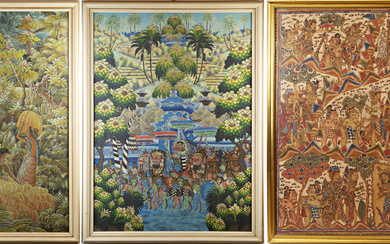 Lotto composto tessuti dipinti, uno raffigurante la raccolta del riso e l'altro con una processione di figure mitologiche, uniti ad…