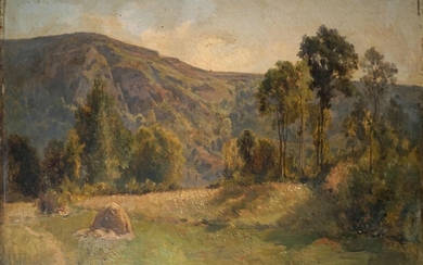 Louis Emile DARDOIZE (1826-1901). Paysage de montagne à la meule de foin. Huile sur panneau....