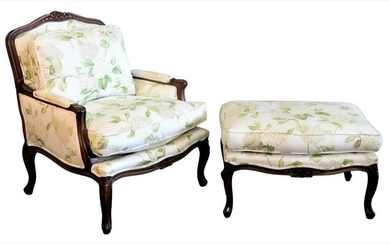 Louis XV Style Fauteuil and Ottoman, each having floral