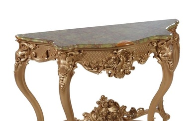 Louis XV Style Onyx Top Giltwood Console Table, 20th c., H.- 39 in., W.- 51 in., D.- 17 in.