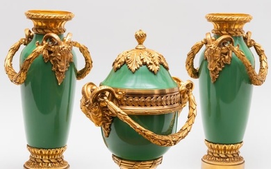 Louis XVI Style Gilt-Metal-Mounted Green Painted Papier Mache Garniture Set