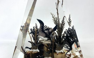 Lucite Table Top Sculpture. Natural Scene with birds an