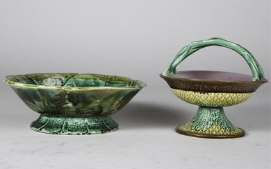 MAJOLICA FOOTED BASKET & WATER LILY BOWL
