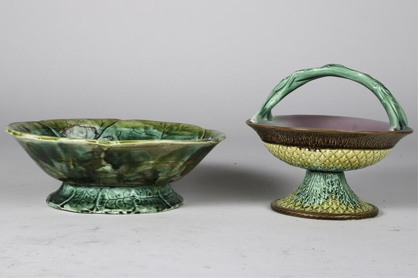 MAJOLICA FOOTED BASKET & WATER LILY BOWL