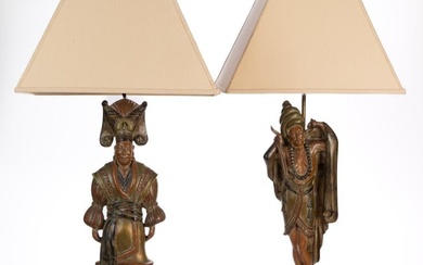 MID-CENTURY ASIAN-STYLE CARVED WOODEN LAMPS