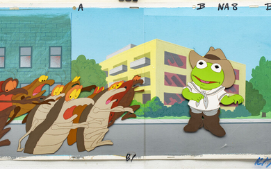 "MUPPET BABIES" PRODUCTION ANIMATION CELS WITH HAND PAINTED BACKGROUND, C. 1980S, H 9", W 23" (VISIBLE IMAGE)