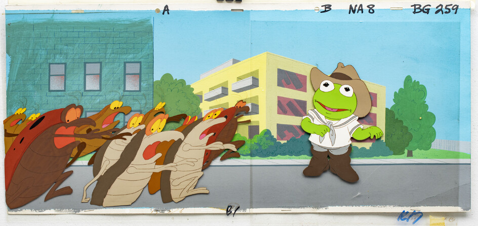 "MUPPET BABIES" PRODUCTION ANIMATION CELS WITH HAND PAINTED BACKGROUND, C. 1980S, H 9", W 23" (VISIBLE IMAGE)