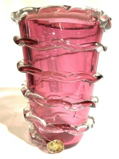 MURANO Art Glass Vase W Outer Coil Detail