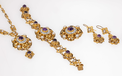 Magnificent amethyst-jewelry set with enamel , silver 925 gilt, antetype...