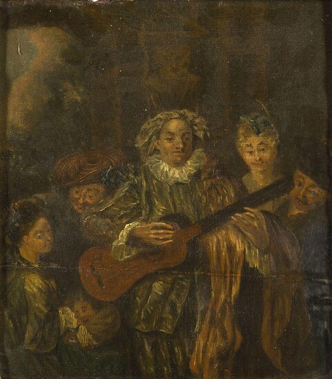 Manner of Jean-Antoine Watteau, early 19th century Harlequin Playing Guitar...