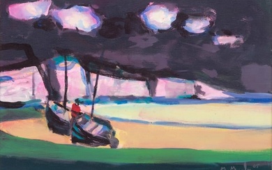 Marcel Mouly (French, 1918-2008) Oil on Canvas, 2005, "Boats on the Shore, Normandy", H 15" W 21"