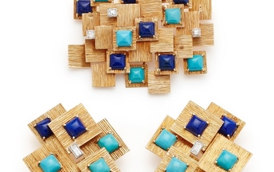 Marianne Ostier, A Pair of Lapis Lazuli, Turquoise, Diamond and Gold Earrings and Brooch