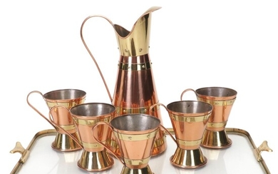 Mexican Copper and Brass Rivet Pitcher with Cups and Tray