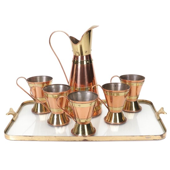 Mexican Copper and Brass Rivet Pitcher with Cups and Tray