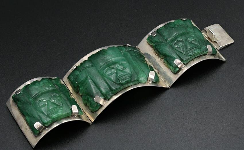 Mexican Sterling Silver Green Face Panel Bracelet