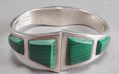 Mexican Sterling Silver and Malachite Bangle Bracelet, 2.1 gross oz, L: 7 in