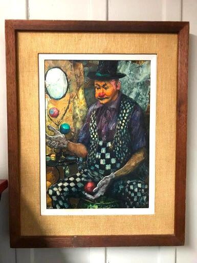 Mid 20thc Russian Signed Painting, Clown Juggler