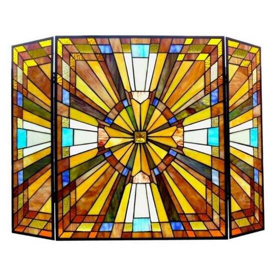Mission Style Stained Glass Fireplace Screen