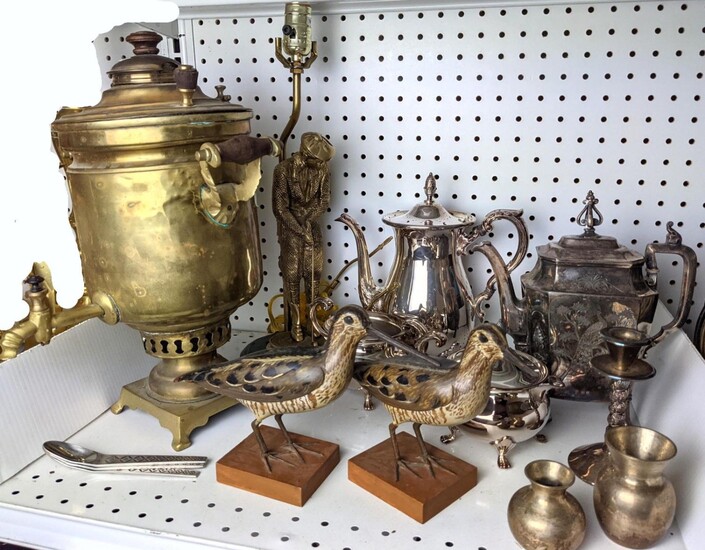 Mixed Shelf Lot. Brass Samovar (with wear). Golf Lamp.