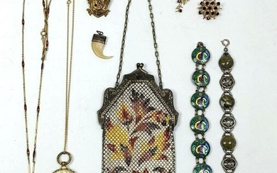 Mixed lot Vintage Jewelry and Mesh Purse. Enamel Bracel
