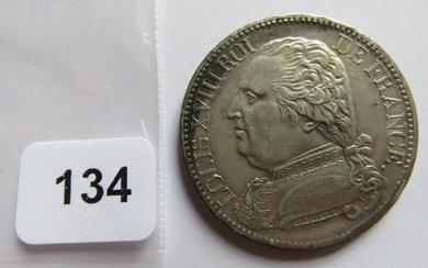 Monnaie - 5 Francs Louis XVIII, buste habillé 1814 A Paris (argent, 25,08 g) TTB+ à SUP défaut de frappe sur la tranche