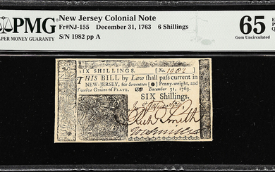 NJ-155. New Jersey. December 31, 1763. 6 Shillings. PMG Gem Uncirculated 65 EPQ.