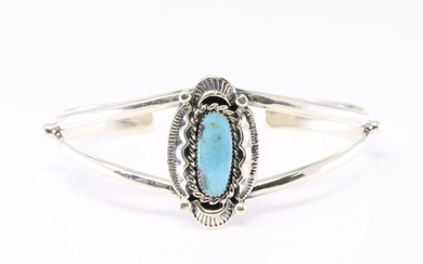 Native American Navajo Sterling Silver Turquoise Bracelet Cuff By Sadie Jim.