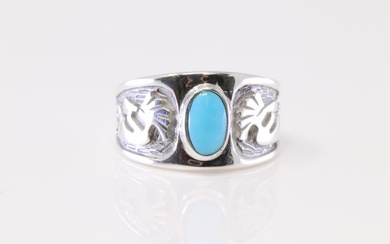 Native American Navajo Sterling Silver Turquoise Ring By Juluis Burbank.