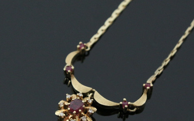 Necklace with rubies and diamonds, 585 yellow gold.
