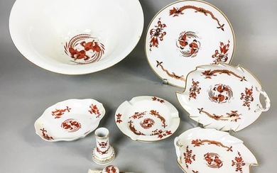 Nine Pieces of Meissen Sepia Dragon and Bird Porcelain Tableware