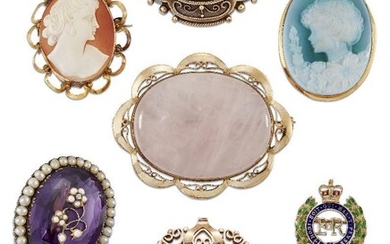 Nine various brooches, including an Edwardian oval amethyst single stone brooch with half-pearl surround; A Victorian gold locket back brooch with seed pearl and blue enamel star motif; an opal single stone bar brooch; and five gem-set brooches (9)