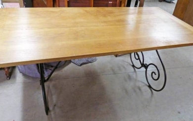 OAK KITCHEN TABLE ON WROUGHT IRON METAL SUPPORTS 180CM...