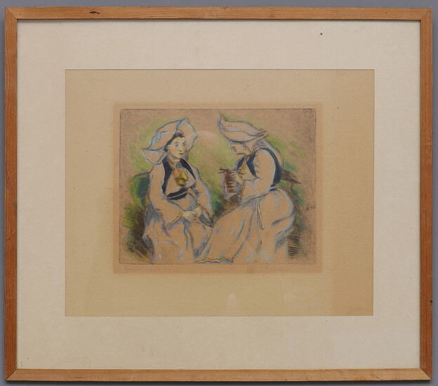 OIDENTIFIERAD KONSTNÄR. etching, hand colored with pastel, two women, signed.