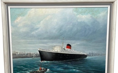Oil Painting Maritime "RMS Saxonia" Liner Ship Sailing Mersey Liverpool Docks
