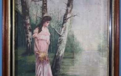 Oil on canvas of Victorian girl in pink dress, 29 x 29