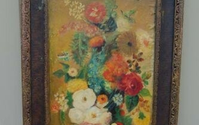 Old Oil Painting on Canvas, Framed "Still Life Flowers"