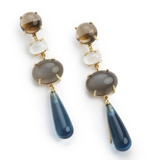 Ole Lynggaard: A pair of “Lotus” ear pendants each set with a cabochon smoky quartz and a detachable grey and white cabochon moonstone and a pear-shaped topaz.
