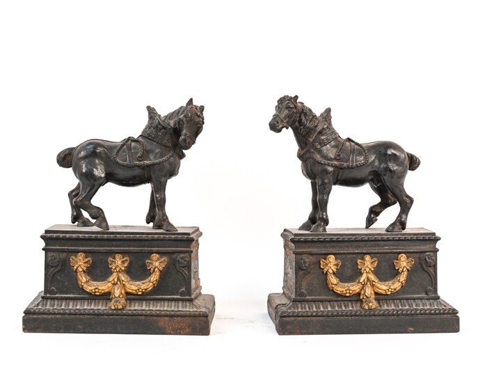 PAIR ANTIQUE FRENCH HORSE CHENETS, AS GARNITURES