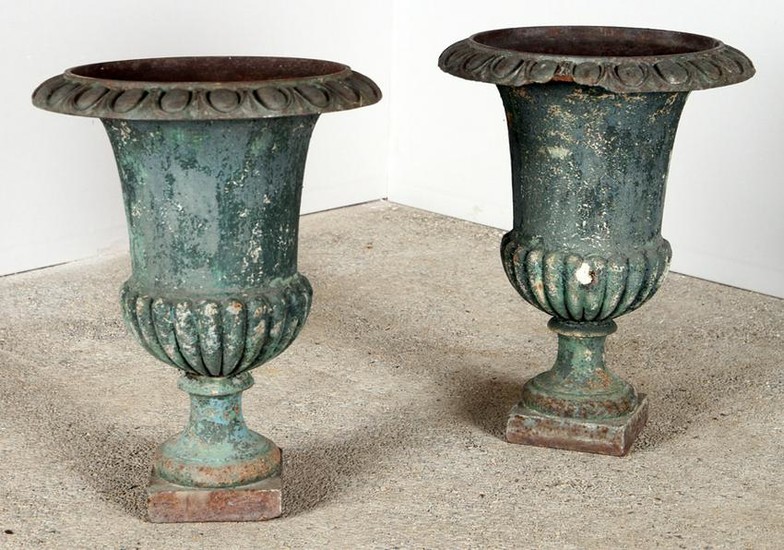 PAIR FRENCH PAINTED CAST IRON GARDEN URNS