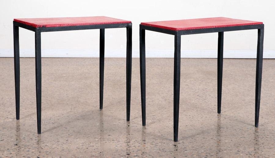 PAIR IRON & LEATHER TABLES MANNER JEANMICHEL FRANK