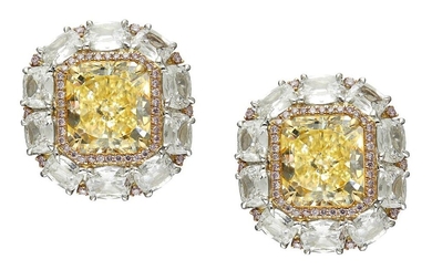 PAIR OF 18CT GOLD, FANCY YELLOW DIAMOND, ARGYLE FANCY PINK DIAMOND AND DIAMOND EARRINGS Accompanied by: a GIA report numbered 117250...